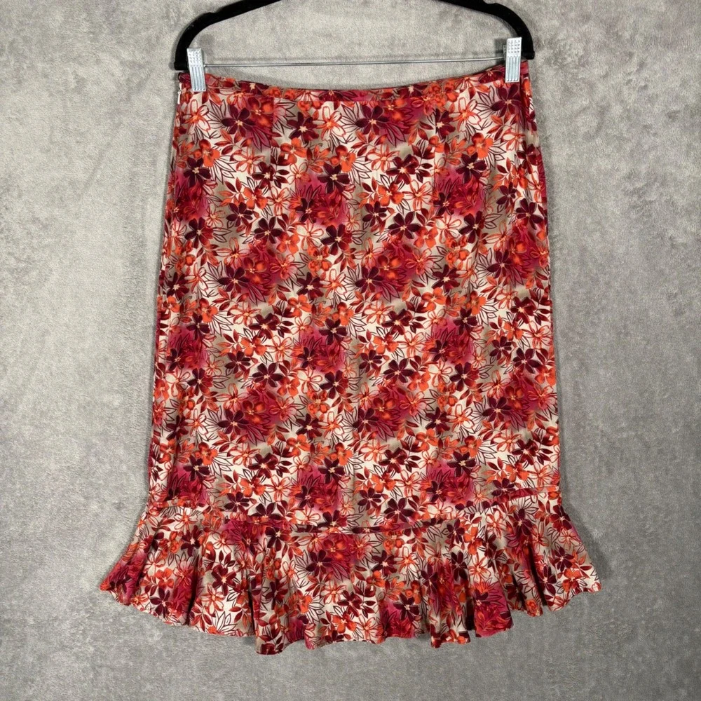 Vintage Christopher & Banks Midi Skirt Women Size 12 Red Floral Ruffle Hem Fairy